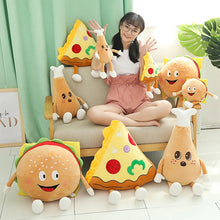 Load image into Gallery viewer, Cute Cartoon Food Plush Toys Including Hamburger, French Fries, Hot Dog, Egg On Toast, Popcorn, Turkey Leg &amp; Pizza Slice Designs
