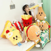 Load image into Gallery viewer, Cute Cartoon Food Plush Toys Including Hamburger, French Fries, Hot Dog, Egg On Toast, Popcorn, Turkey Leg &amp; Pizza Slice Designs
