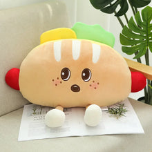 Load image into Gallery viewer, Cute Cartoon Food Plush Toys Including Hamburger, French Fries, Hot Dog, Egg On Toast, Popcorn, Turkey Leg &amp; Pizza Slice Designs
