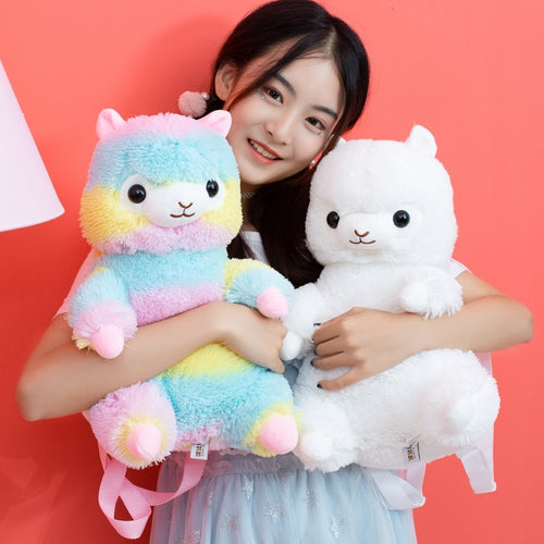 40cm Kawaii Alpaca Plush Backpack Cute Rainbow & White Dolls