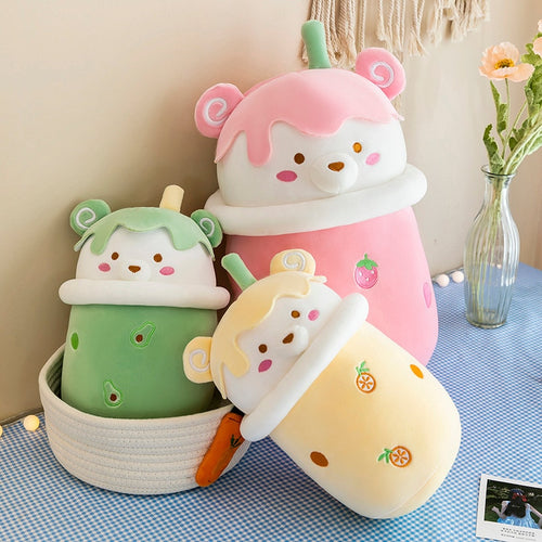 25cm-40cm Cute Cartoon Teddy Bear Bubble Tea Cup Shaped Pillow Plush