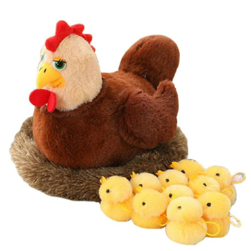 10pcs Stuffed Lifelike Hen Chicken with 10 Chicks in A Nest Plush Toy